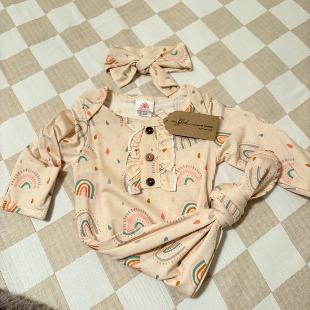 Rainbow Print Baby Gown with Headband